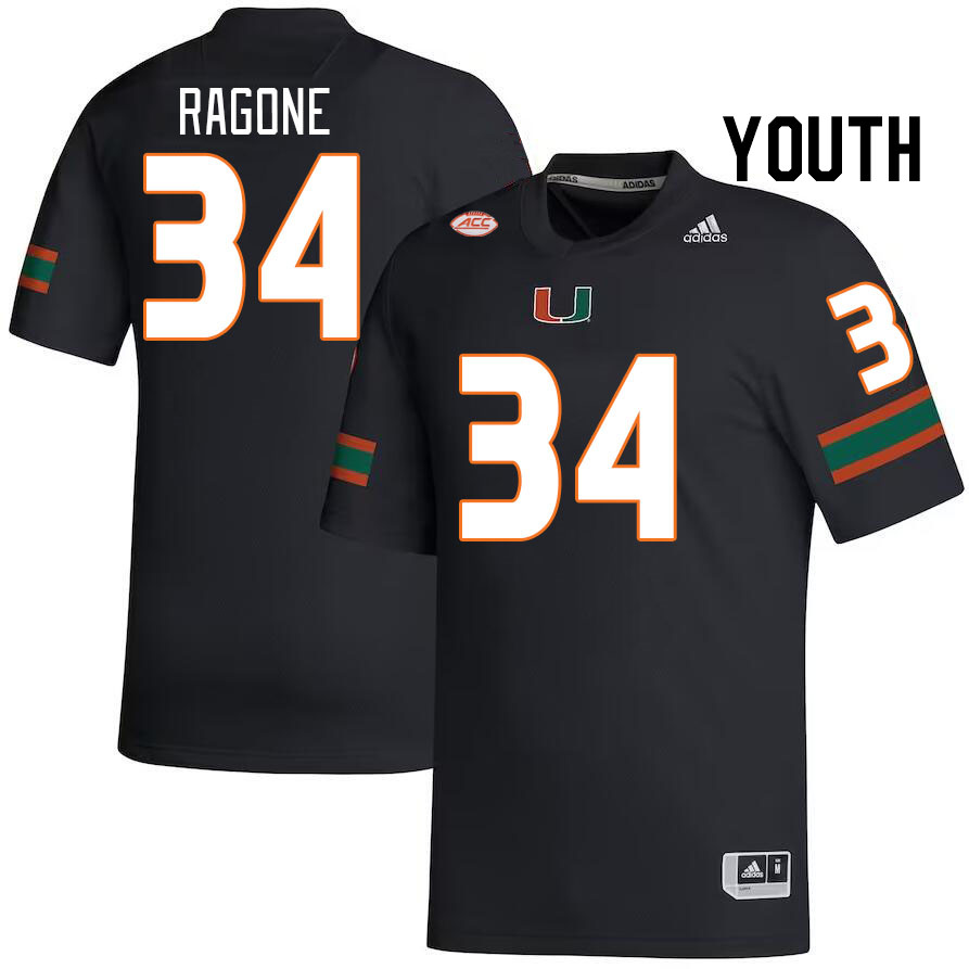 Youth #34 Ryan Ragone Miami Hurricanes College Football Jerseys Stitched-Black - Click Image to Close